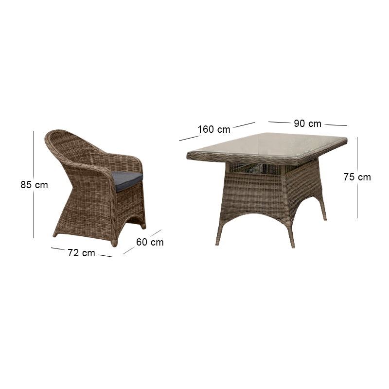 MONTANA Set Alu Table 160x90+6 Armchairs Grey Brown Wicker