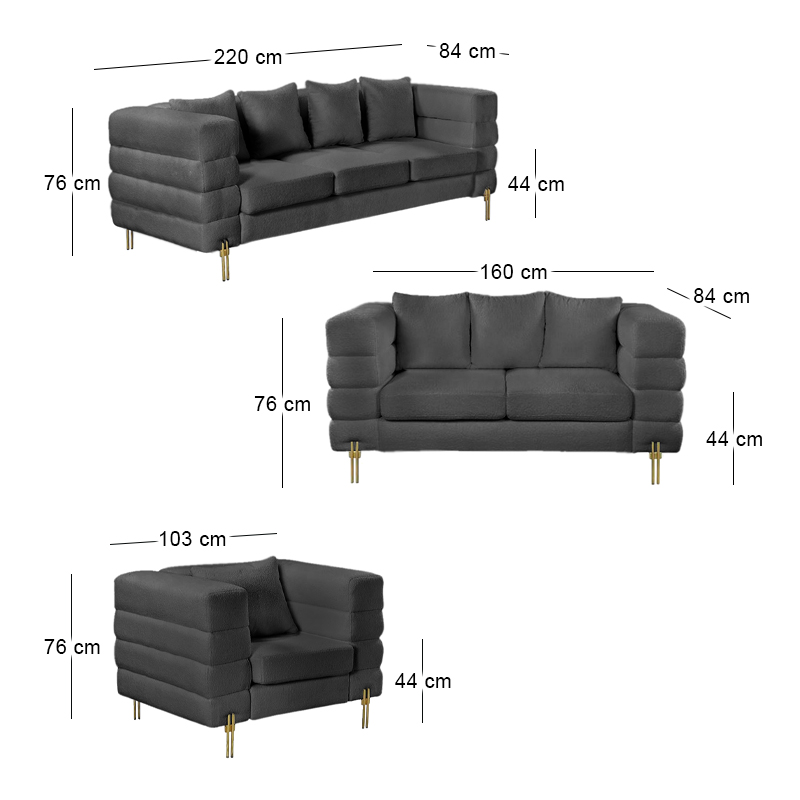 MORRIS Set Σαλόνι - Καθιστικό 3θέσιος + 2θέσιος + Πολυθρόνα Ύφασμα Teddy Μαύρο Set: 3Seater+2Seater+1Seater