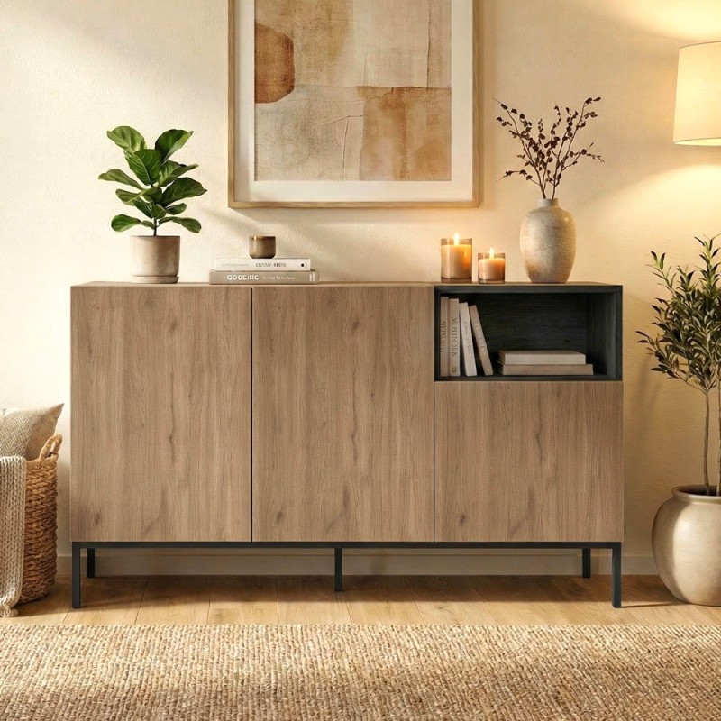 Cailin Megapap melamine console in sepet oak - black wood color 140x41.8x80cm.