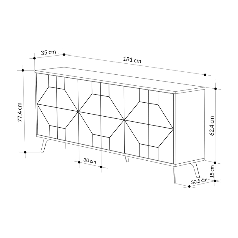 Dune Megapap melamine buffet in oak color 184x35x77,4cm.