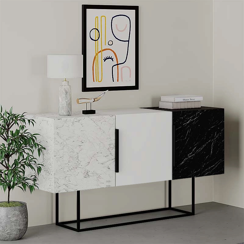 Tontini Megapap melamine buffet in white - black marble effect color 150x42x79,5cm.