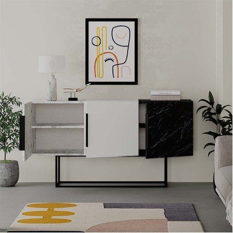Μπουφές Tontini Megapap χρώμα λευκό - μαύρο εφέ μαρμάρου 150x42x79,5εκ.