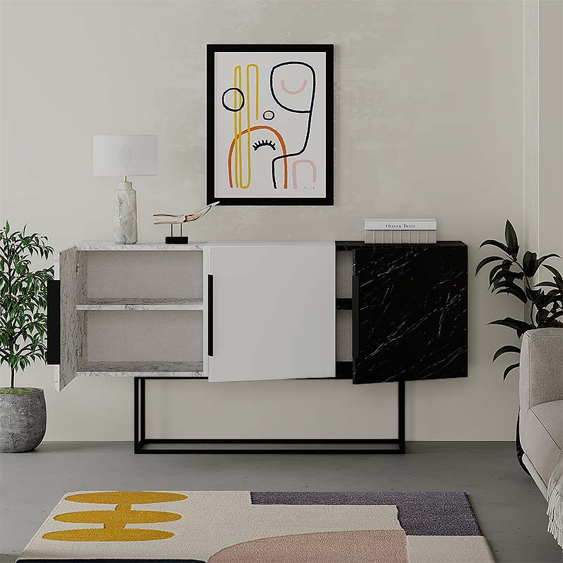 Tontini Megapap melamine buffet in white - black marble effect color 150x42x79,5cm.