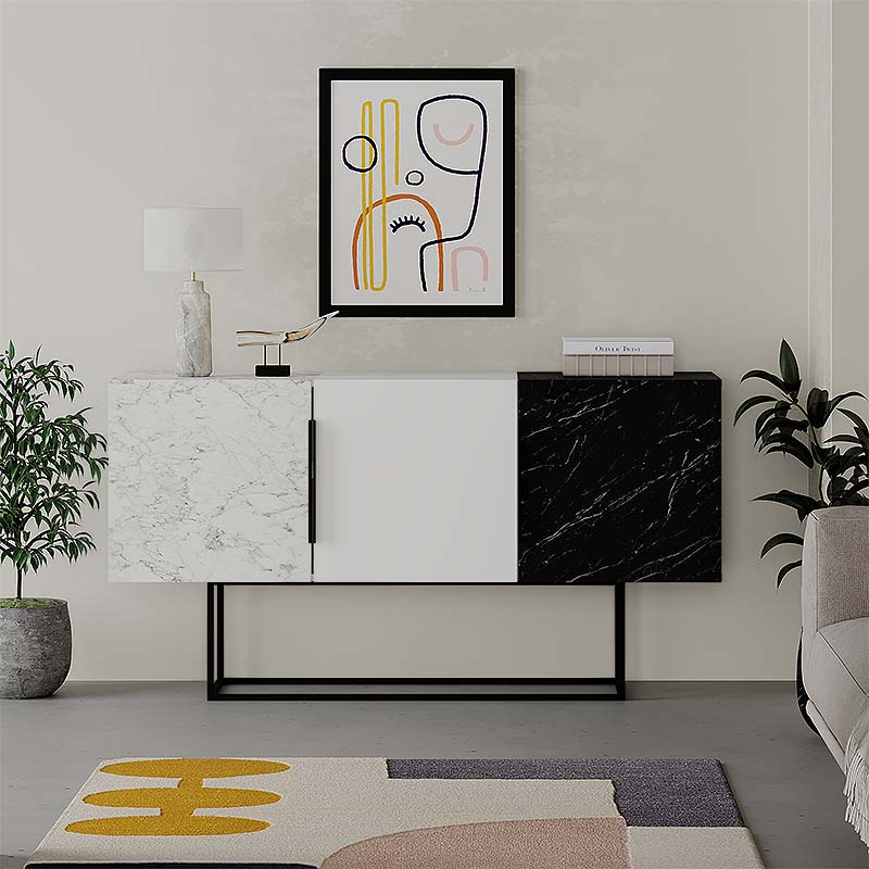 Tontini Megapap melamine buffet in white - black marble effect color 150x42x79,5cm.