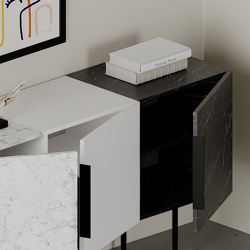 Tontini Megapap melamine buffet in white - black marble effect color 150x42x79,5cm.