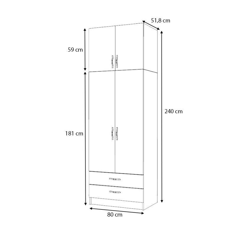 Ricardo Megapap two doors melamine wardrobe with cabinet in white color 80x51,8x240cm.