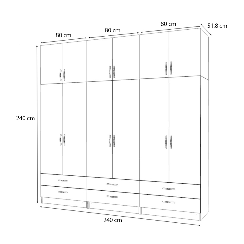Ricardo Megapap six doors melamine wardrobe with cabinet in white color 240x51,8x240cm.