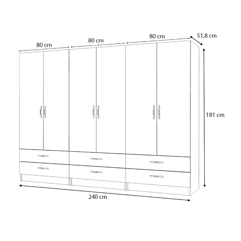 Ricardo Megapap six doors melamine wardrobe in white color 240x51,8x181cm.