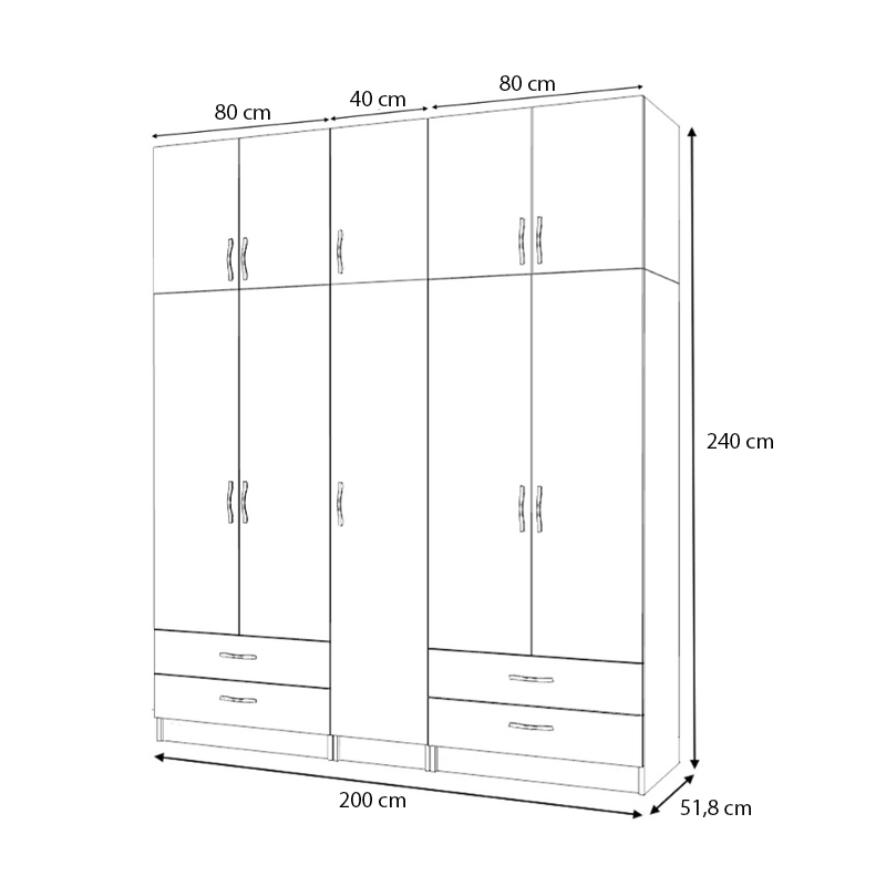 Ricardo Megapap five doors melamine wardrobe with cabinet in oak color 200x51,8x240cm.