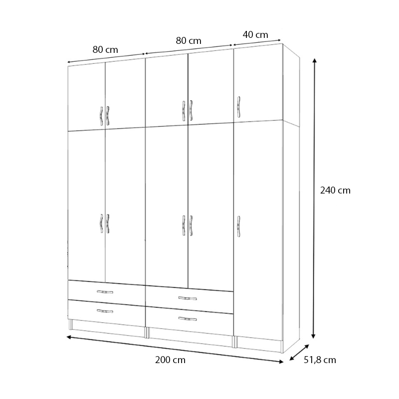 Ricardo Megapap five doors melamine wardrobe with cabinet in white color 200x51,8x240cm.