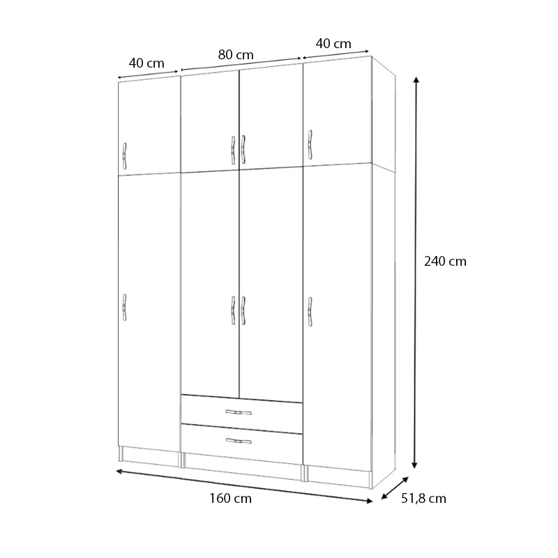 Ricardo Megapap four doors melamine wardrobe with cabinet in white color 160x51,8x240cm.