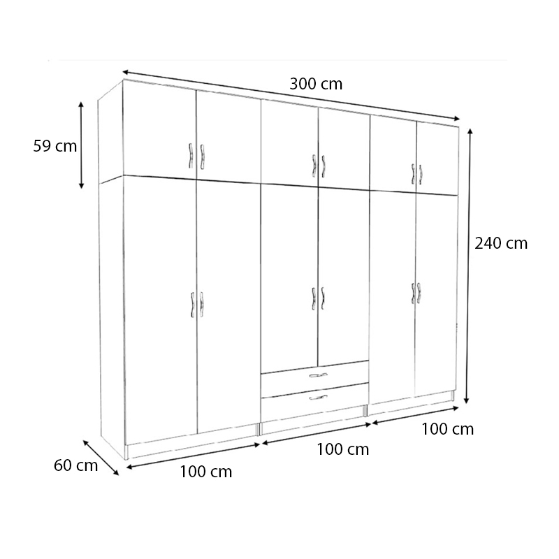 Victoria Megapap six doors melamine wardrobe with cabinet in oak color 300x60x240cm.