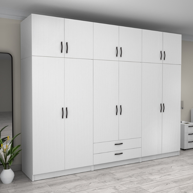 Victoria Megapap six doors melamine wardrobe with cabinet in white color 300x60x240cm.