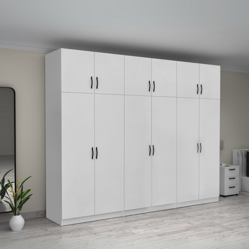 Victoria Megapap six doors melamine wardrobe with cabinet in white color 300x60x240cm.
