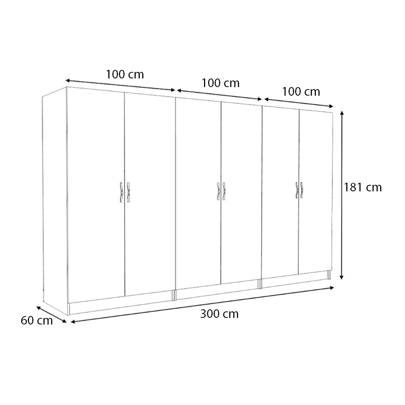 Victoria Megapap six doors melamine wardrobe in white color 300x60x181cm.