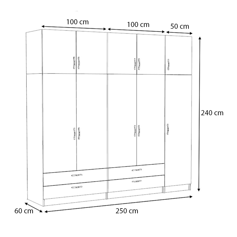 Victoria Megapap five doors melamine wardrobe with cabinet in white color 250x60x240cm.