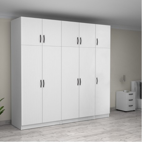 Victoria Megapap five doors melamine wardrobe with cabinet in white color 250x60x240cm.
