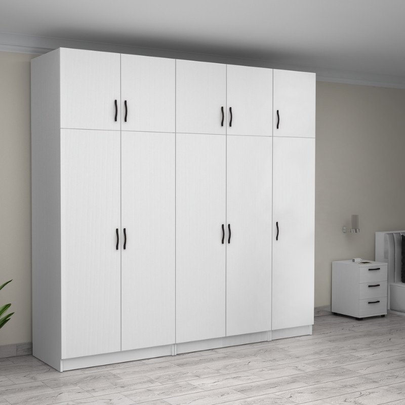 Victoria Megapap five doors melamine wardrobe with cabinet in white color 250x60x240cm.