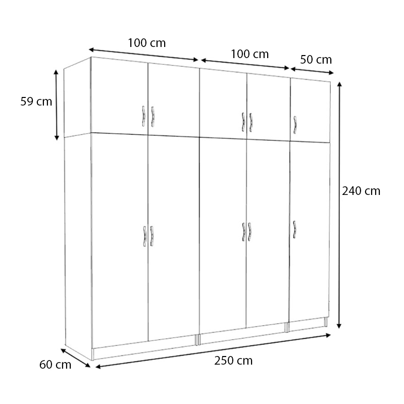 Victoria Megapap five doors melamine wardrobe with cabinet in white color 250x60x240cm.