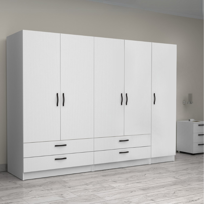 Victoria Megapap five doors melamine wardrobe in white color 250x60x181cm.