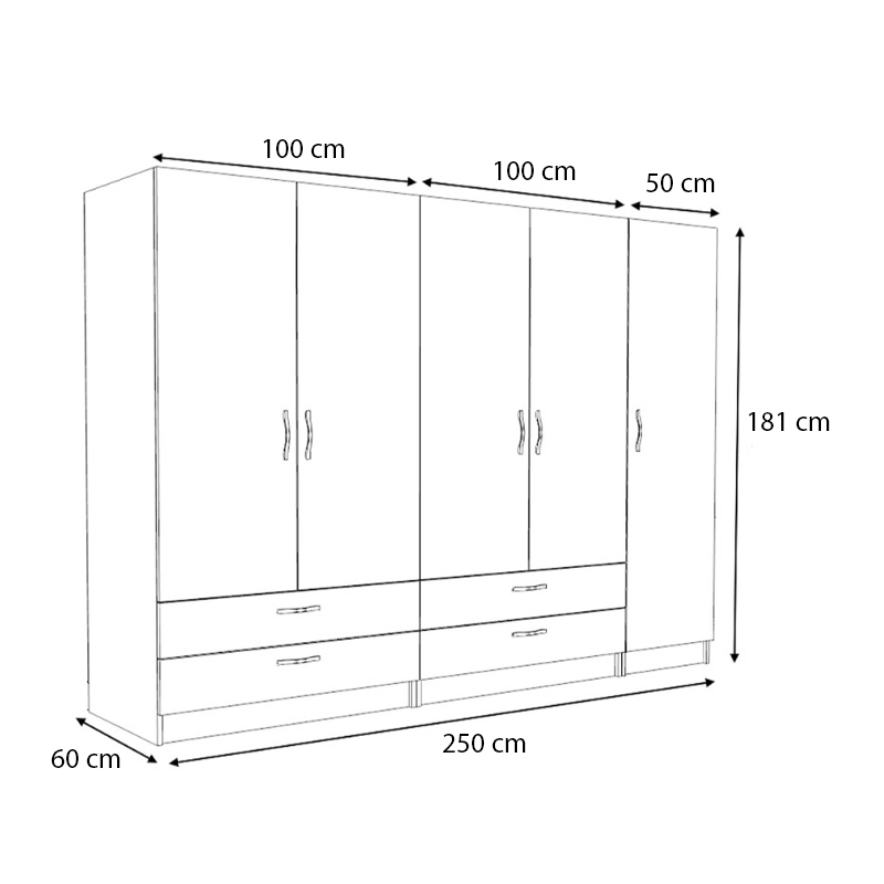 Victoria Megapap five doors melamine wardrobe in white color 250x60x181cm.