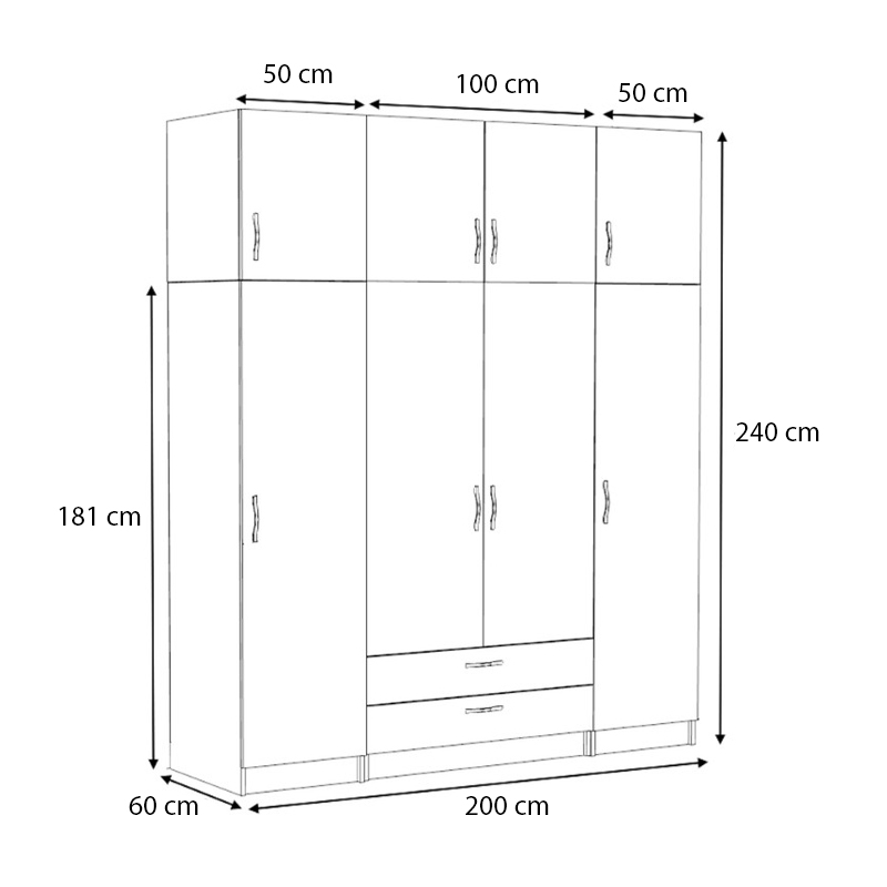 Victoria Megapap four doors melamine wardrobe with cabinet in oak color 200x60x240cm.