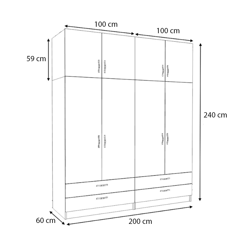 Victoria Megapap four doors melamine wardrobe with cabinet in white color 200x60x240cm.