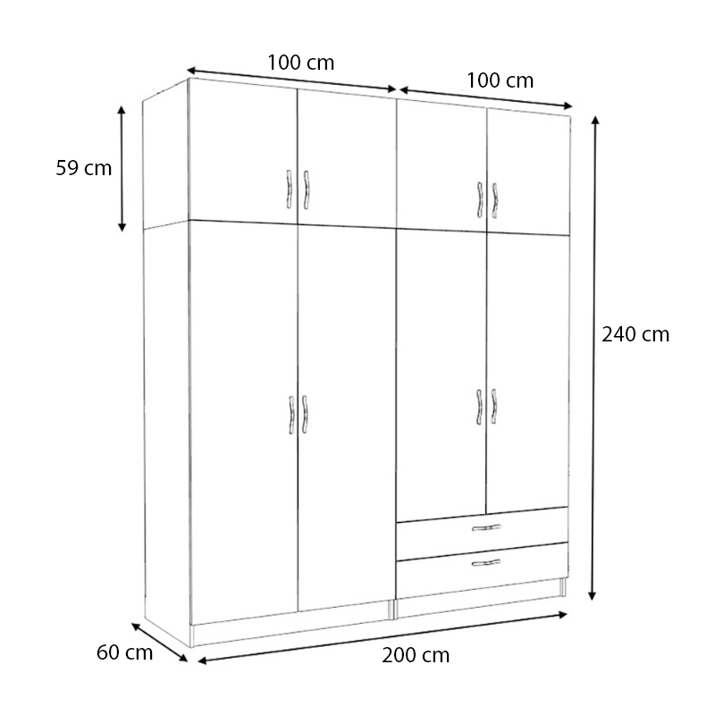 Victoria Megapap four doors melamine wardrobe with cabinet in white color 200x60x240cm.
