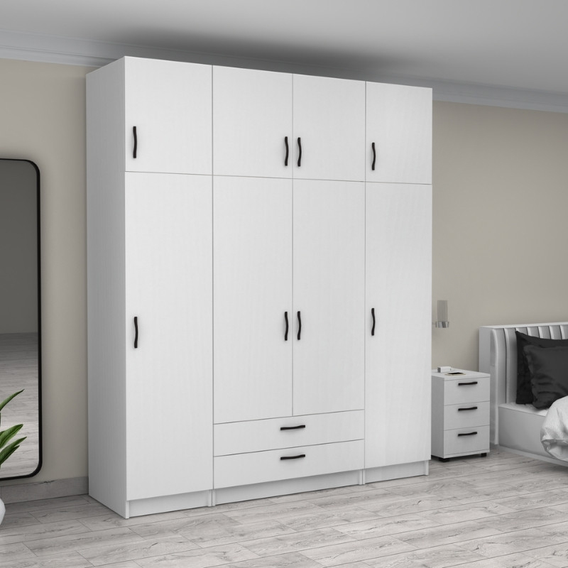 Victoria Megapap four doors melamine wardrobe with cabinet in white color 200x60x240cm.