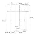 Victoria Megapap four doors melamine wardrobe with cabinet in white color 200x60x240cm.