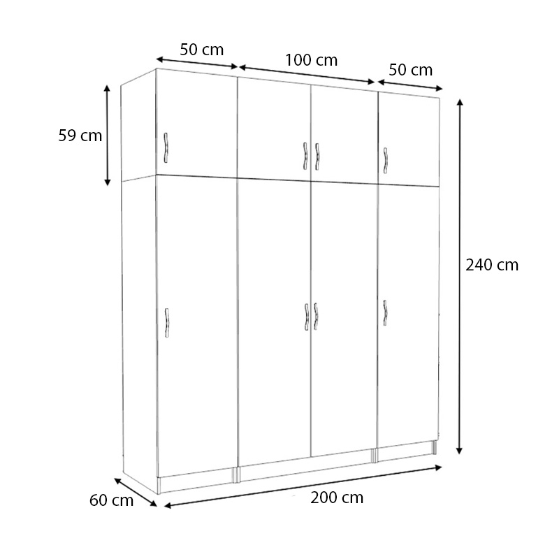 Victoria Megapap four doors melamine wardrobe with cabinet in oak color 200x60x240cm.