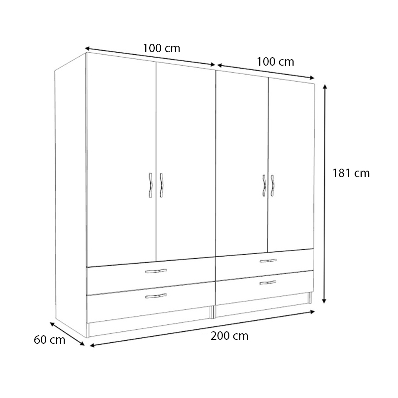 Victoria Megapap four doors melamine wardrobe in white color 200x60x181cm.