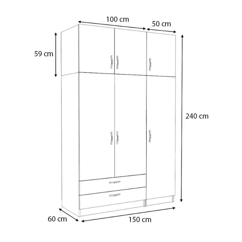 Victoria Megapap three doors melamine wardrobe with cabinet in white color 150x60x240cm.