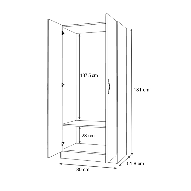 Vivian Megapap two doors melamine wardrobe in white color 80x51,8x181cm.