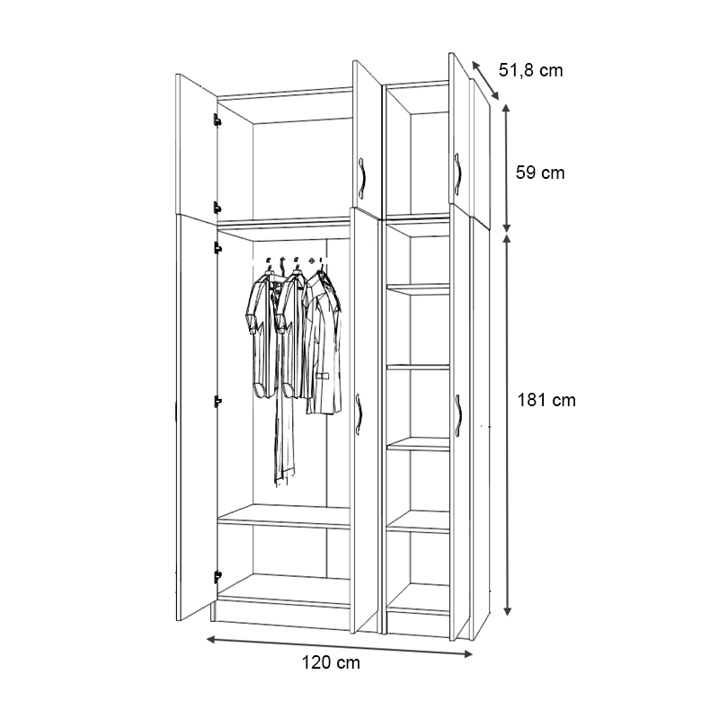 Vivian Megapap three doors melamine wardrobe with cabinet in oak color 120x51.8x240cm.