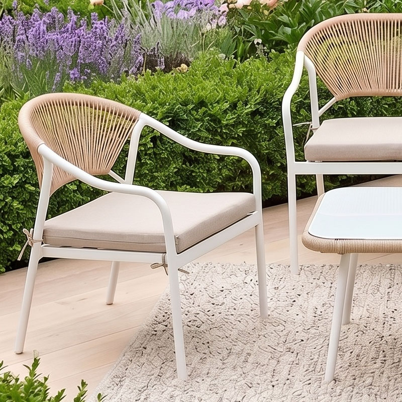 PALERMO Set (4 pcs) Metal White/Wicker Natural/Cushions Beige