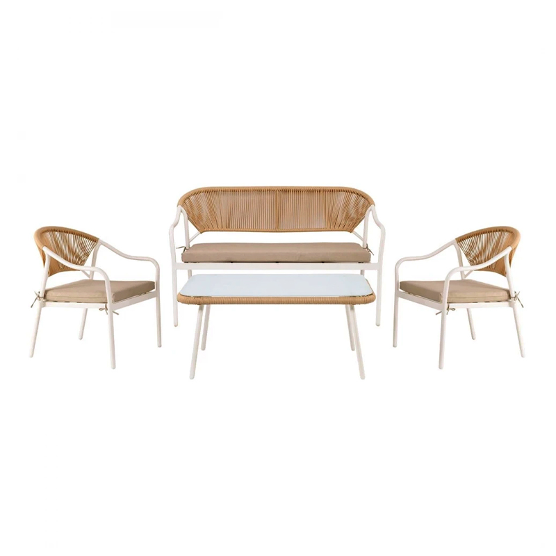 PALERMO Set (4 pcs) Metal White/Wicker Natural/Cushions Beige