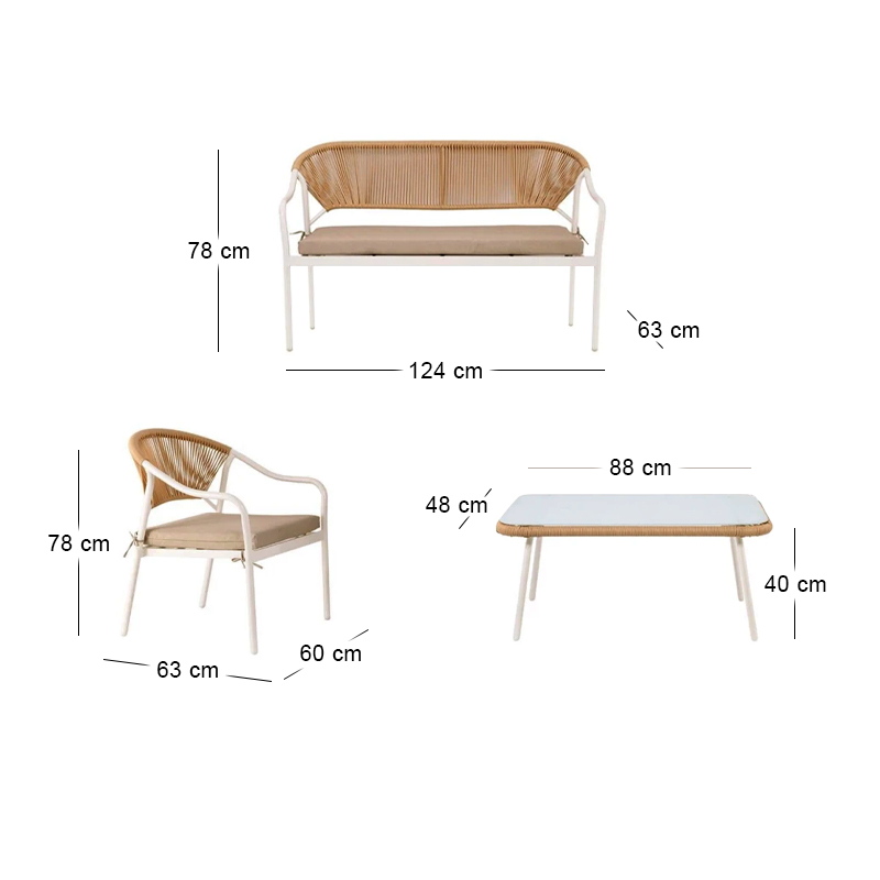 PALERMO Set (4 pcs) Metal White/Wicker Natural/Cushions Beige