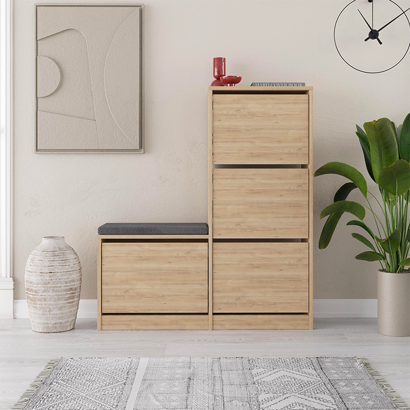 Dude Megapap melamine bench - shoe rack in oak color 104,8x26x118,5cm.