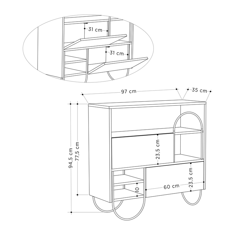 Norfolk Megapap melamine shoe rack in ancient white color 97x35x94,5cm.