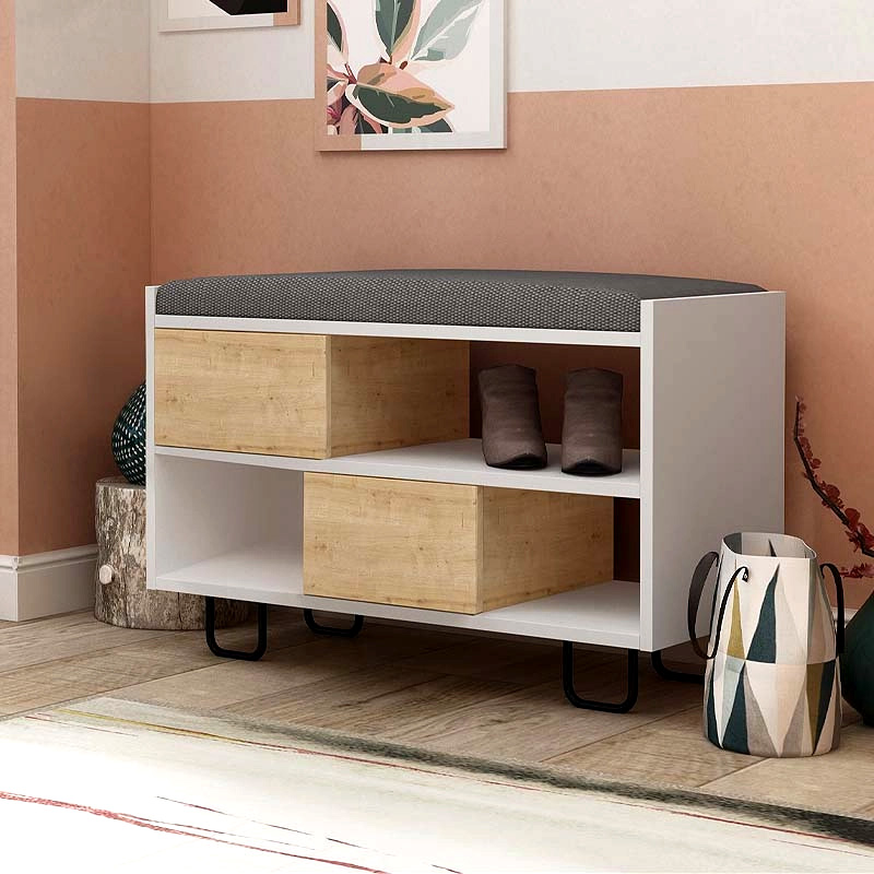 Troy Megapap melamine bench - shoe rack in white - oak color 83,5x35,5x53,5cm.
