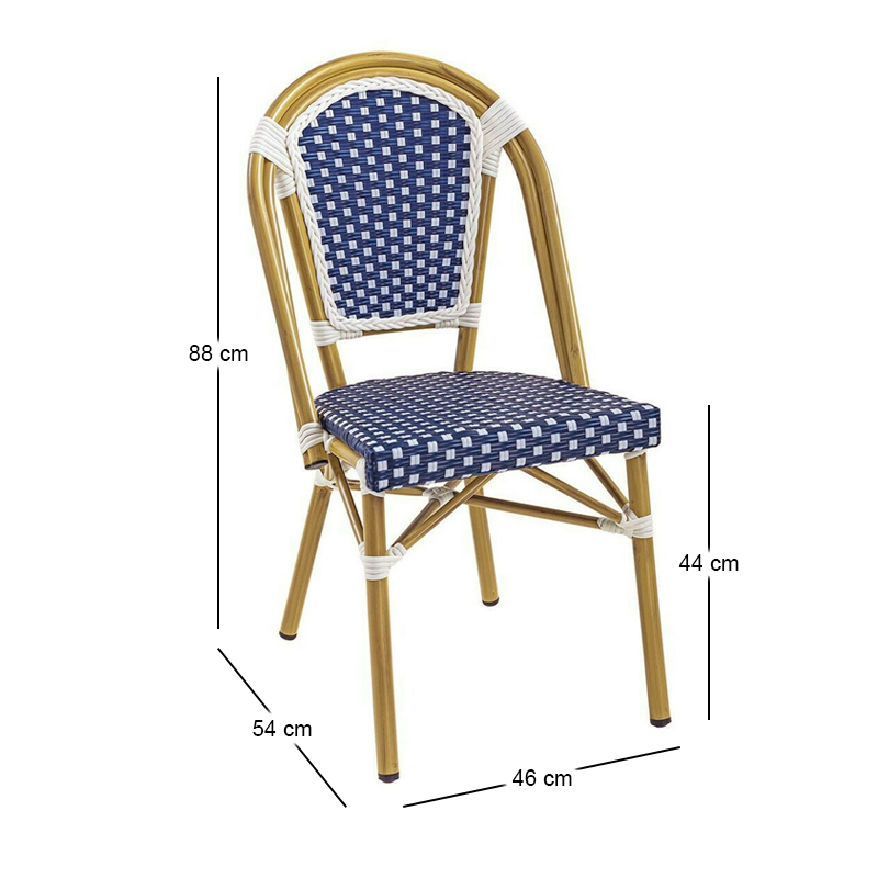 PARIS Καρέκλα Bistro, Αλουμίνιο Φυσικό, Wicker Άσπρο - Μπλε, Στοιβαζόμενη