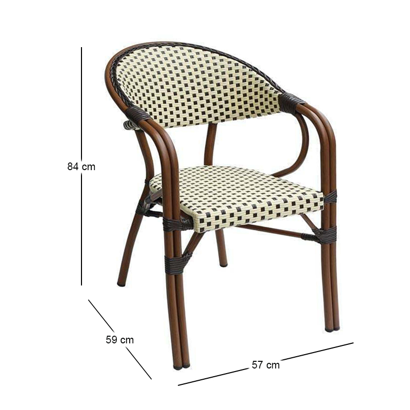 PARIS Πολυθρόνα Bistro Αλουμίνιο Καρυδί, Wicker Μπεζ - Καφέ, Στοιβαζόμενη 57x59x84cm