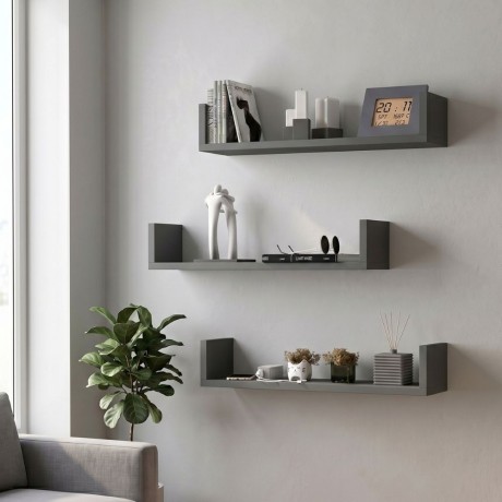 Dark Megapap melamine wall shelves set of 3 in anthracite color 60x15x12cm.