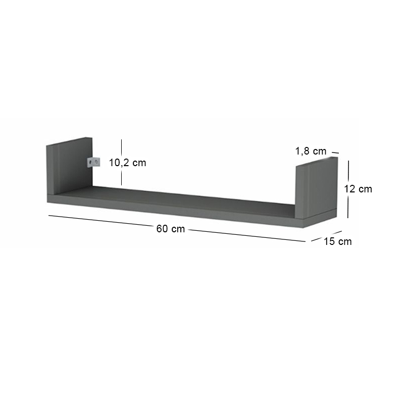 Dark Megapap melamine wall shelves set of 3 in anthracite color 60x15x12cm.