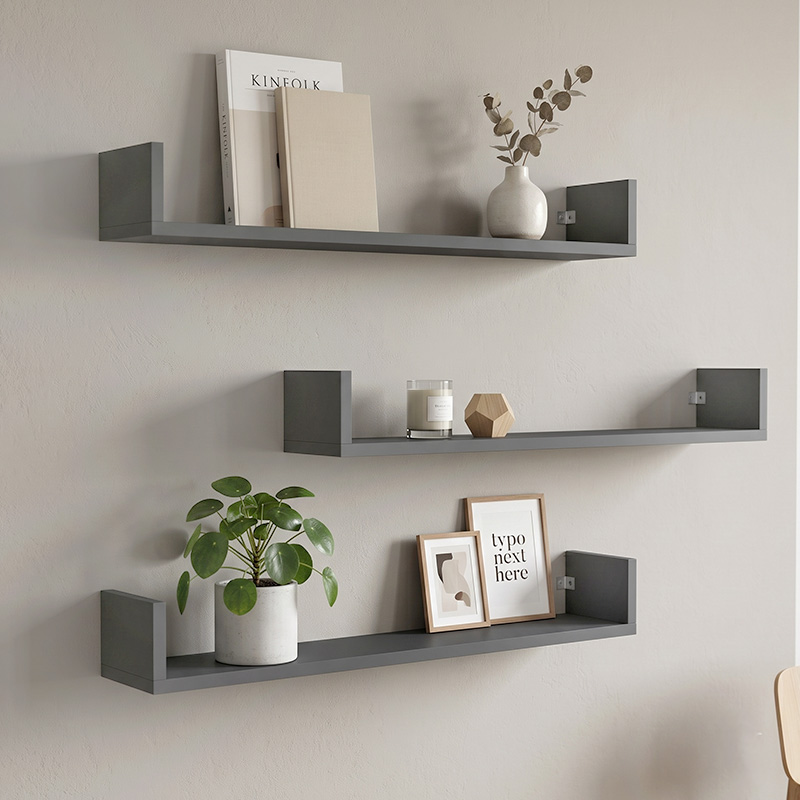 Dark Megapap melamine wall shelves set of 3 in anthracite color 90x15x12cm.