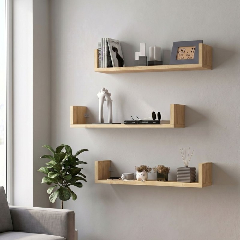 Dark Megapap melamine wall shelves set of 3 in oak color 60x15x12cm.