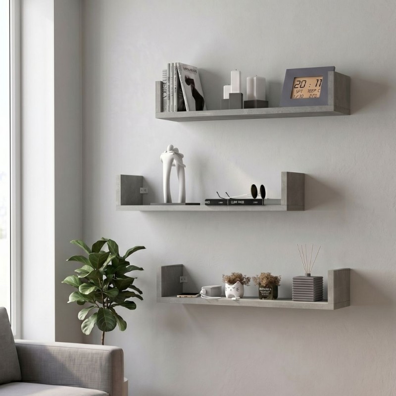 Dark Megapap melamine wall shelves set of 3 in concrete grey color 60x15x12cm.