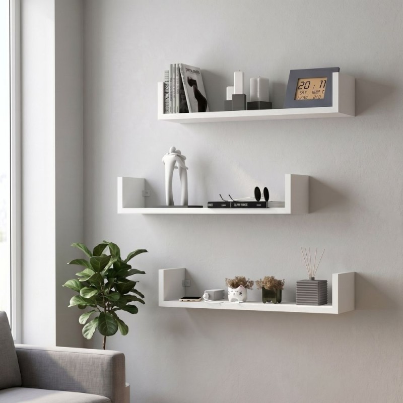 Dark Megapap melamine wall shelves set of 3 in white color 60x15x12cm.