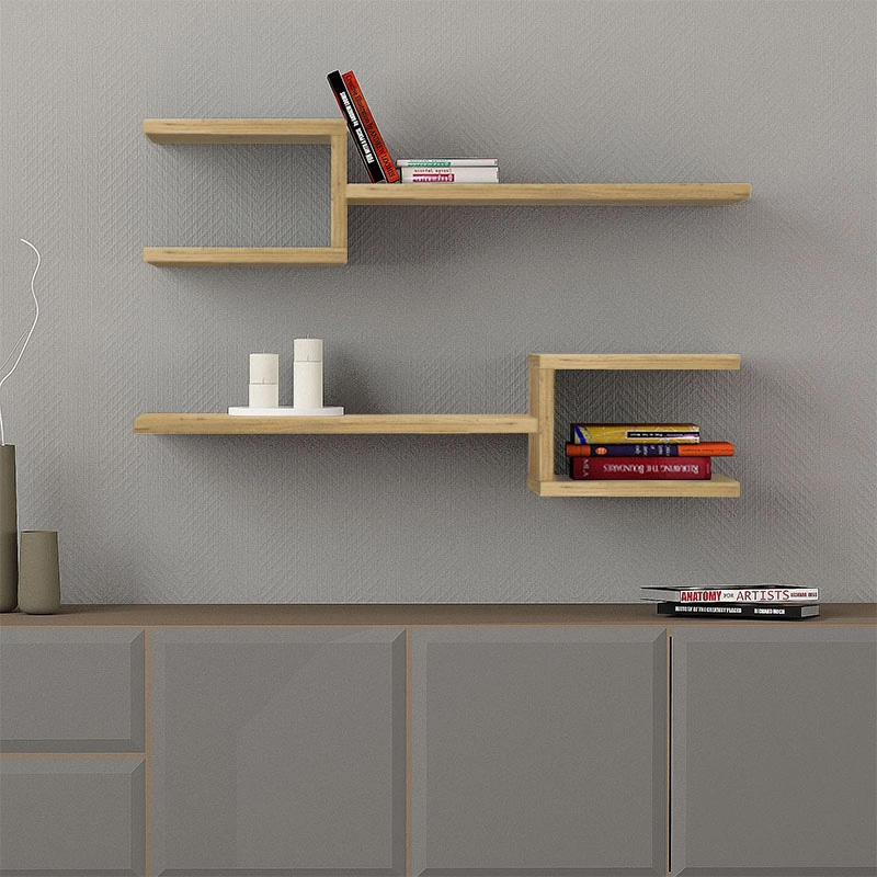 Fork Megapap melamine 2 pieces wall shelves in sapphire oak color 75x19,5x18cm.